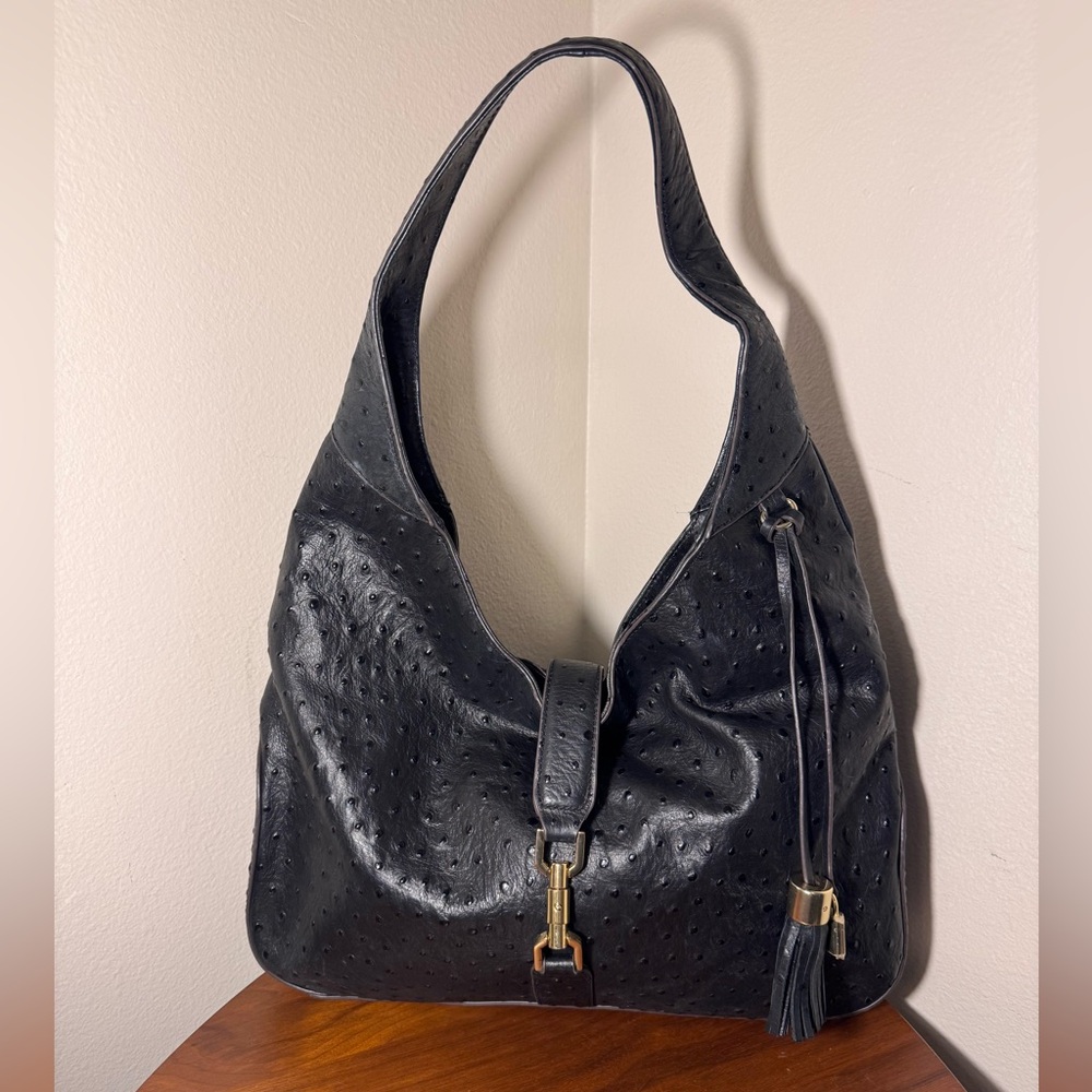 G.I.L.I. Black Ostrich-Embossed Leather Shoulder Hobo with Tassel